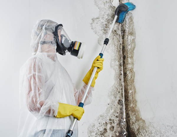 Eine Arbeiter im Schutzanzug befreit eine Wand von Schimmel.